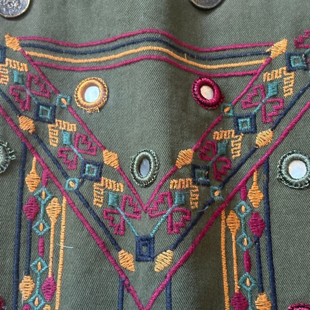 Anthropologie Beautiful Stories Embroidered Olive Jacket M Boho Metal Mirror - Picture 4 of 11